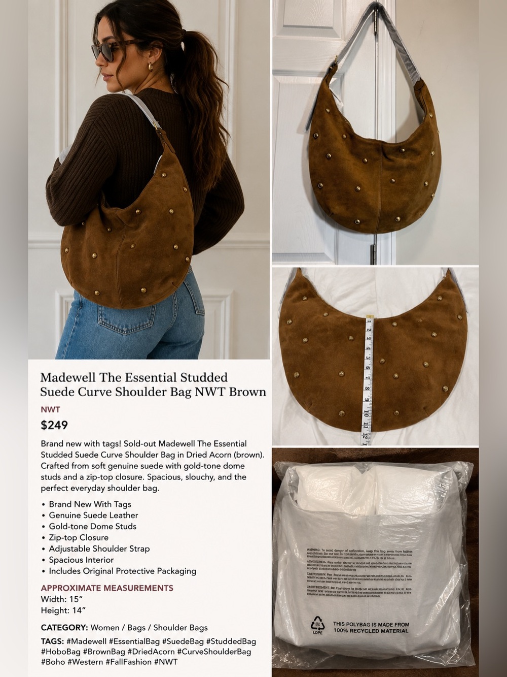 Madewell The Essential Studded Suede Curve Shoulder Bag NWT Brown